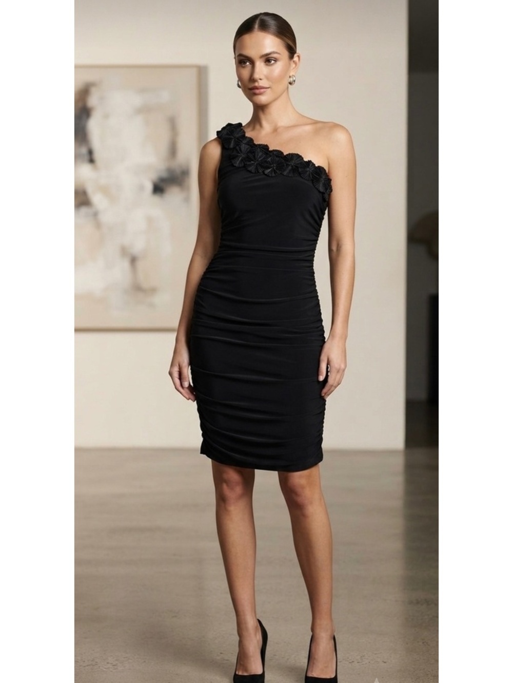 City Triangle Black One-Shoulder Floral Detail Bodycon Dress, Size M